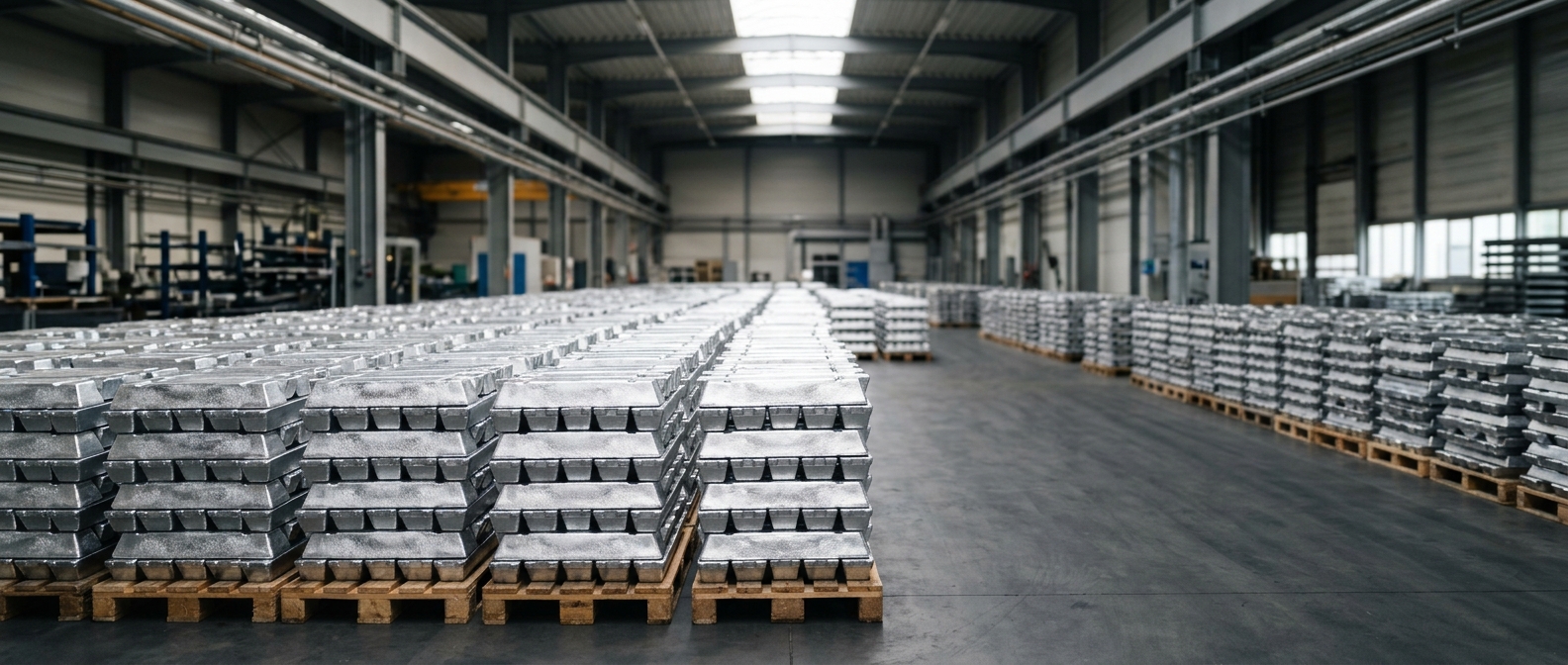 Stacked aluminium ingots at SHALCO facility