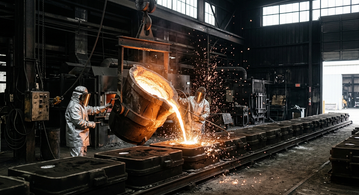 Molten aluminium being poured into moulds